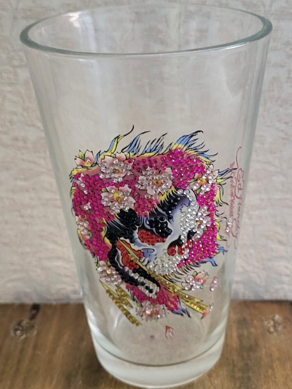Ed Hardy Flowering Skull Sequins Beads Skull Drinking Glass
